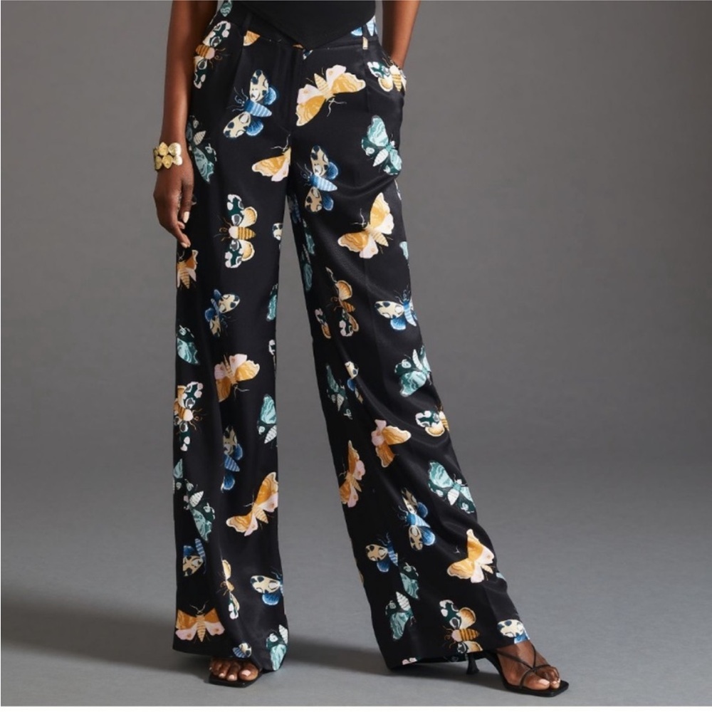 Anthropologie Maeve Black Wide Leg Pants with Vibrant Floral Design